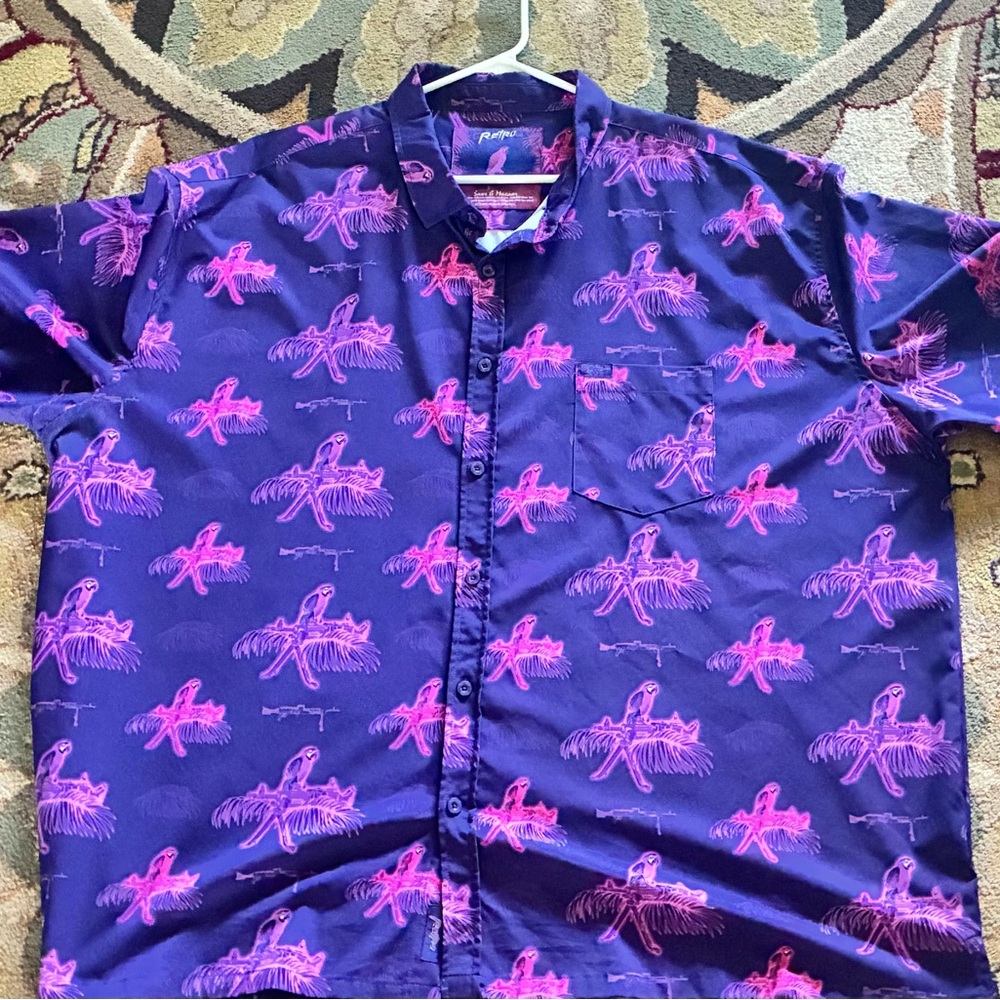 Men's Purple Button-Up Shirt with Pink Bird Print - Unknown Brand